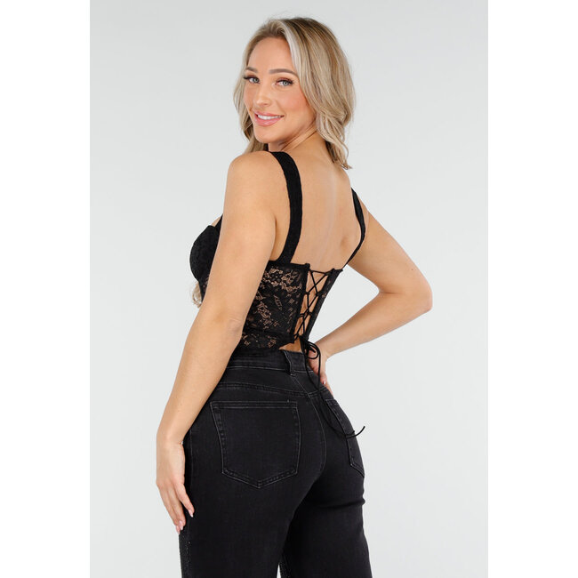 Schwarzes Spitzenkorsett-Oberteil mit Bügeln und gepolsterten Cups