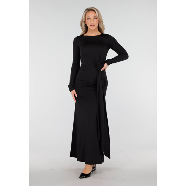 Schwarzes langes Kleid mit Schleifendetail und langen Ärmeln