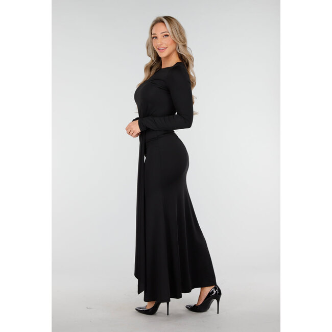 Schwarzes langes Kleid mit Schleifendetail und langen Ärmeln