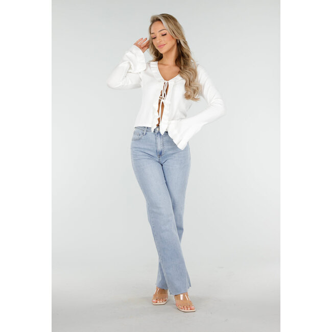 Weißes Langarmshirt mit Rüschen und Schleifenverschluss vorne