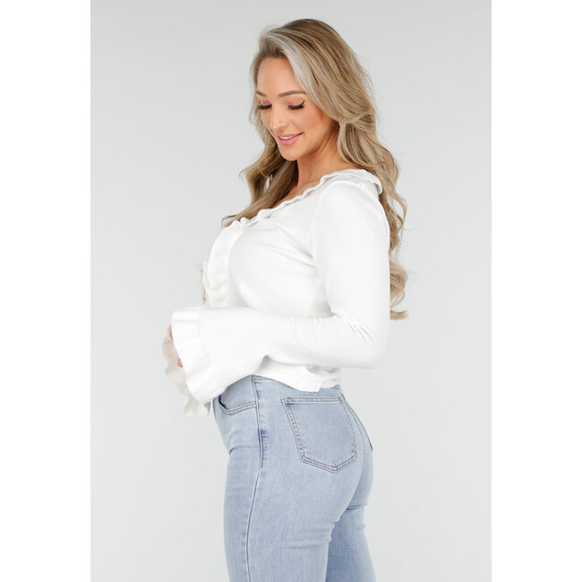 Weißes Langarmshirt mit Rüschen und Schleifenverschluss vorne