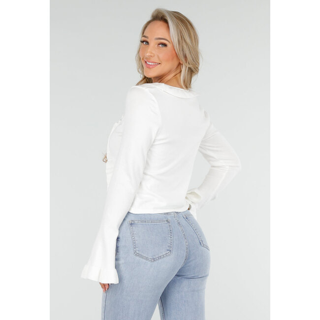 Weißes Langarmshirt mit Rüschen und Schleifenverschluss vorne