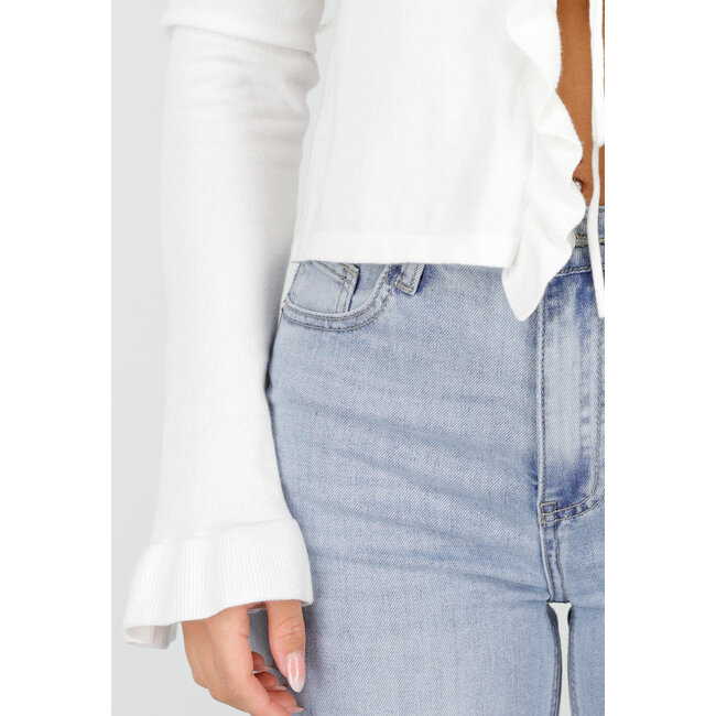 Weißes Langarmshirt mit Rüschen und Schleifenverschluss vorne