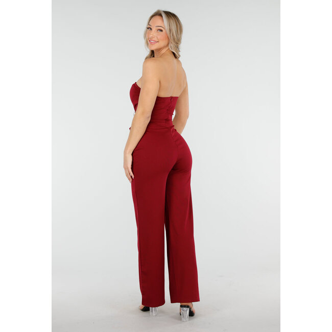 Bordeauxroter trägerloser Jumpsuit mit Schnallen und geraden Beinen