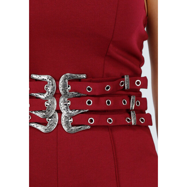 Bordeauxroter trägerloser Jumpsuit mit Schnallen und geraden Beinen