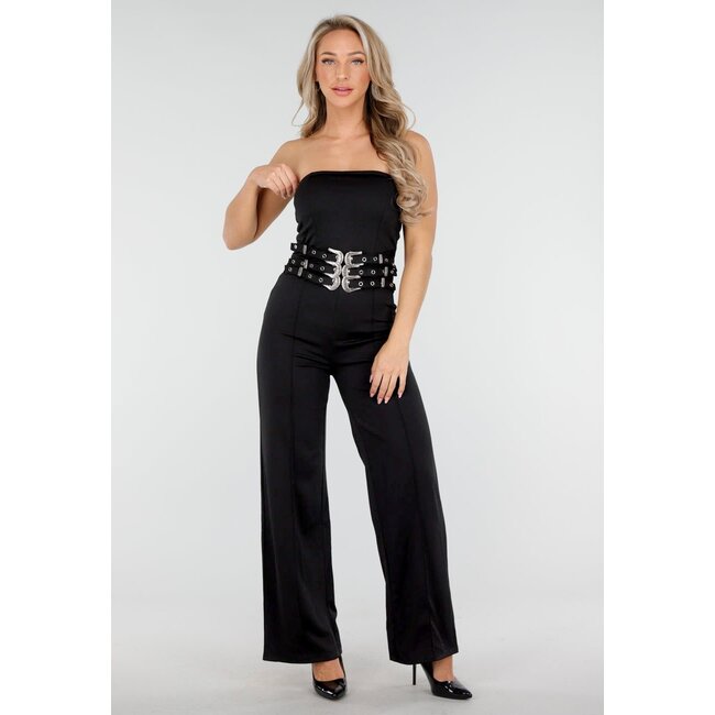 Schwarzer trägerloser Jumpsuit mit Schnallen und geraden Beinen