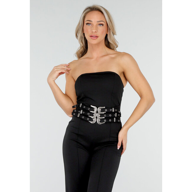 Schwarzer trägerloser Jumpsuit mit Schnallen und geraden Beinen