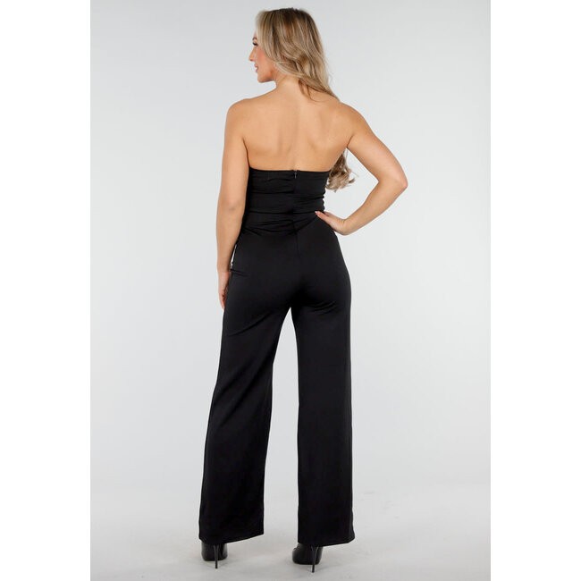Schwarzer trägerloser Jumpsuit mit Schnallen und geraden Beinen