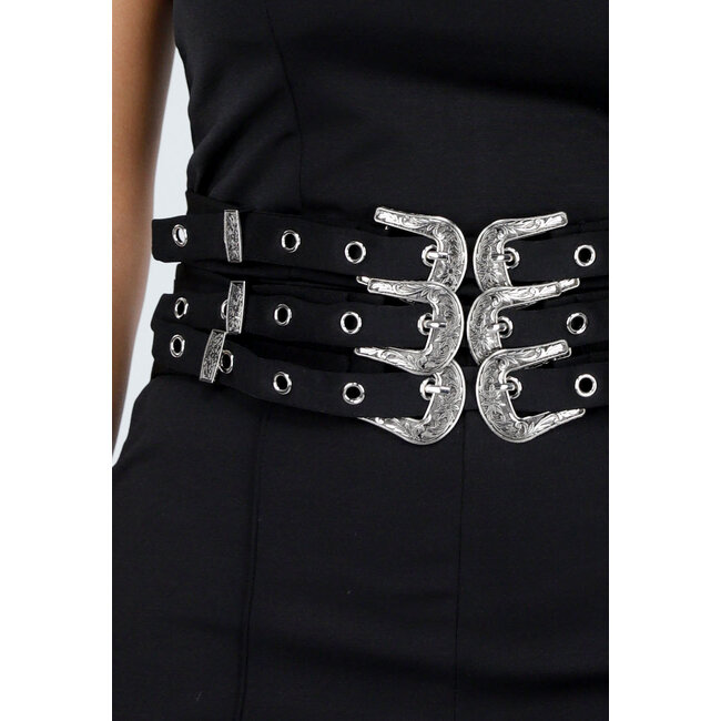 Schwarzer trägerloser Jumpsuit mit Schnallen und geraden Beinen