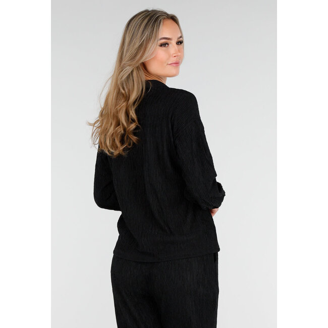 Schwarzes Stretch-Zweiteiler-Set mit locker fallender Bluse und gerader Hose