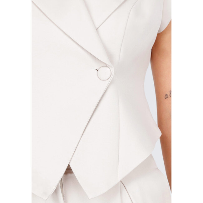 Beiges zweiteiliges Set mit ärmellosem Gilet und Plisseehose mit hoher Taille