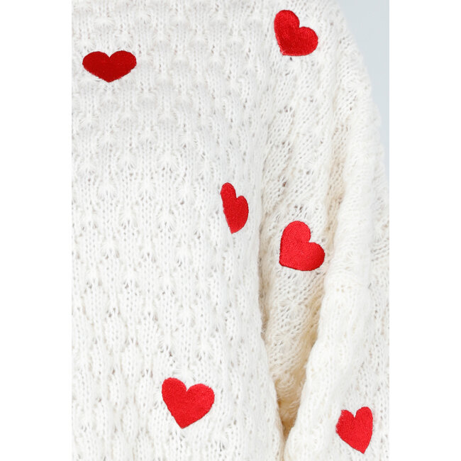 Beige Strickpullover mit roten Herzen und Ballonärmeln