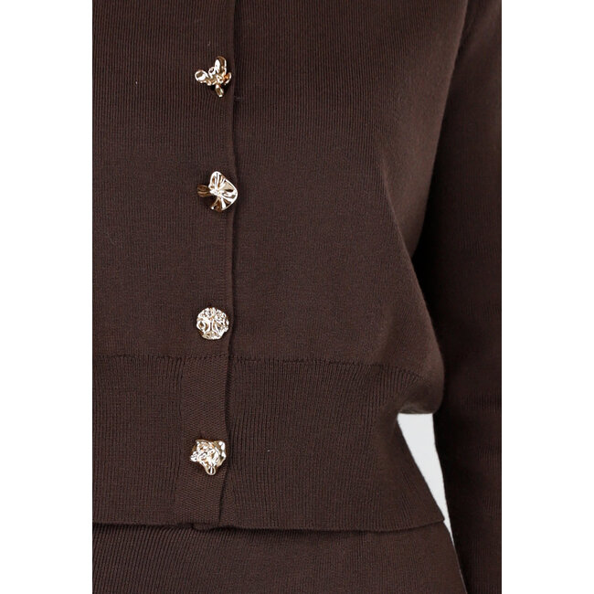 Braunes 2-teiliges Set mit Knöpfen und Midirock mit Schlitz