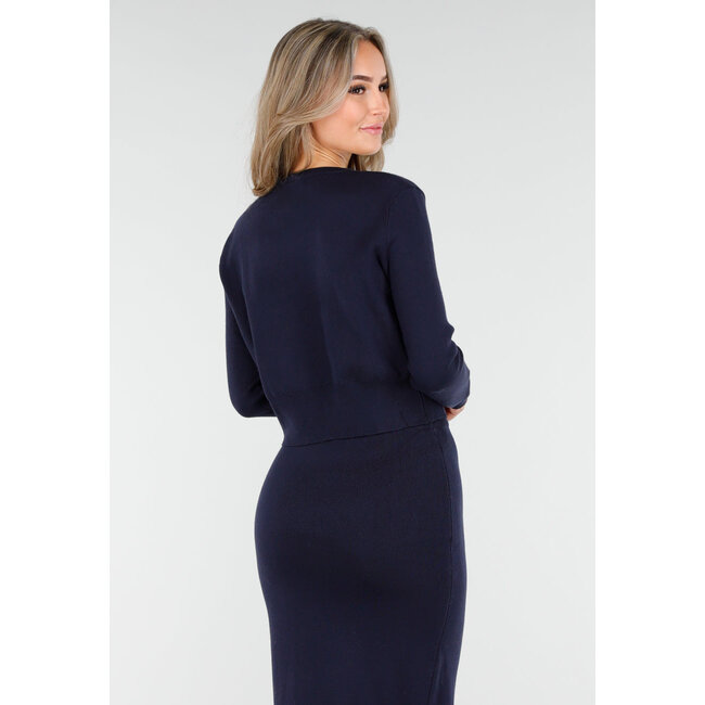 Dark Blue Knitted Set with Buttons and Split in the Skirt