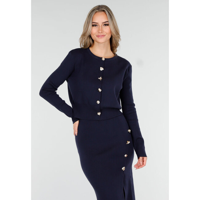 Dark Blue Knitted Set with Buttons and Split in the Skirt