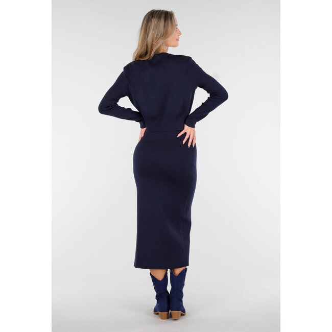Dark Blue Knitted Set with Buttons and Split in the Skirt