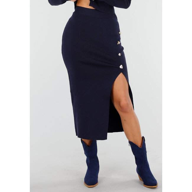 Dark Blue Knitted Set with Buttons and Split in the Skirt