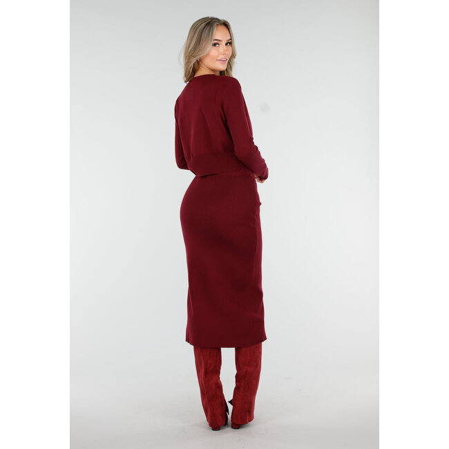 Bordeauxrotes Set mit Midirock und Strickjacke