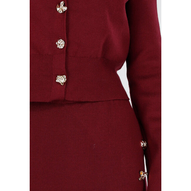 Bordeauxrotes Set mit Midirock und Strickjacke