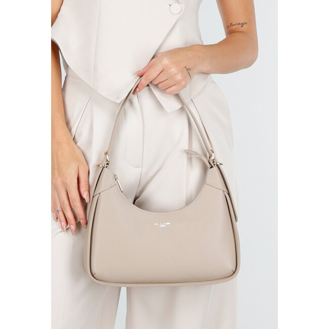 Beige Schultertasche aus strukturiertem Leder mit verstellbarem Riemen und goldfarbenem Reißverschluss