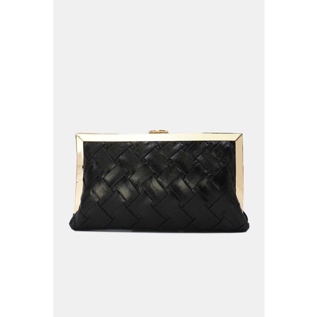 Schwarze geflochtene Clutch aus Kunstleder mit goldenem Rand und abnehmbarer Schulterkette