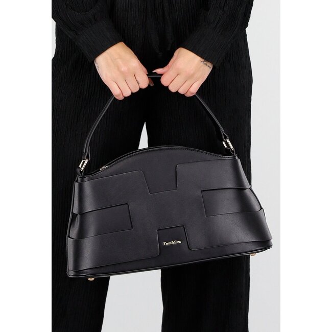 Schwarze Handtasche aus Kunstleder mit geometrischem Muster und abnehmbarem Schulterriemen