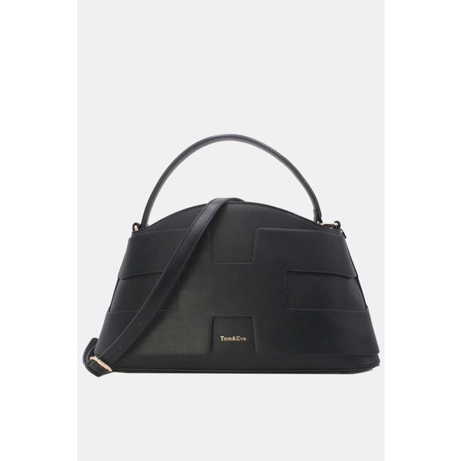 Schwarze Handtasche aus Kunstleder mit geometrischem Muster und abnehmbarem Schulterriemen