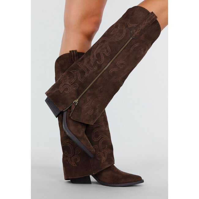 Dunkelbraune Wildleder-Cowboystiefel mit Absatz und Stickdetails