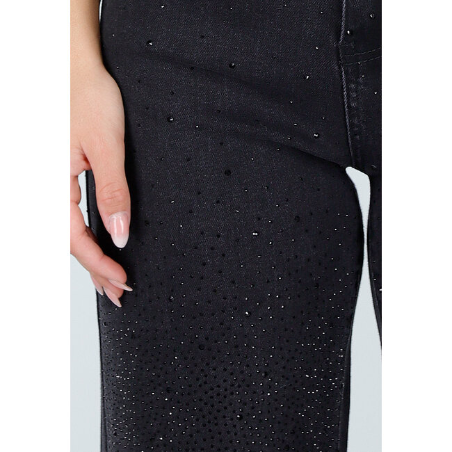 Schwarze High Waist Straight Leg Jeans mit Strasssteinen