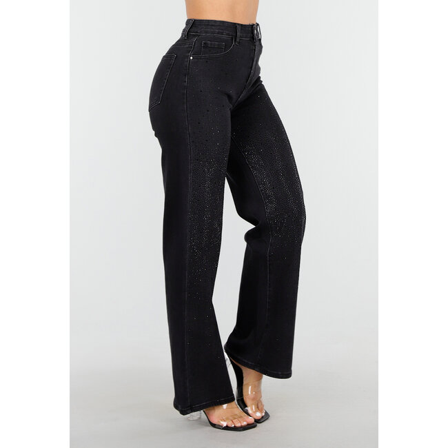Schwarze High Waist Straight Leg Jeans mit Strasssteinen