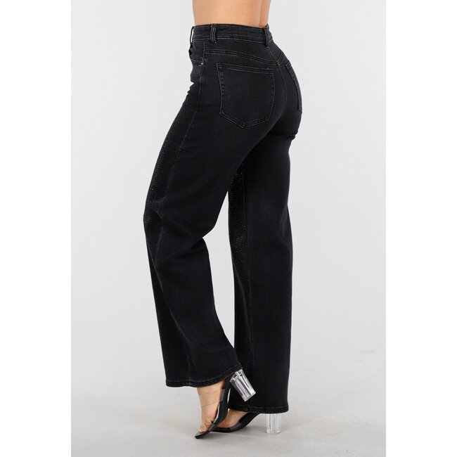 Schwarze High Waist Straight Leg Jeans mit Strasssteinen