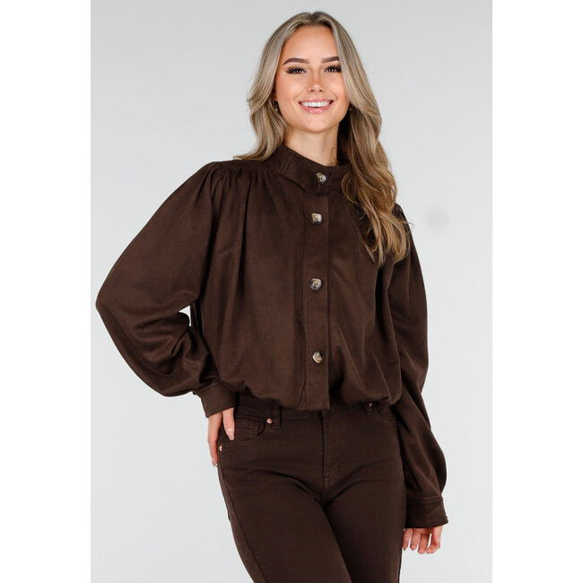 Dunkelbraune Jacke im Wildleder-Look mit Knopfverschluss und Puffärmeln