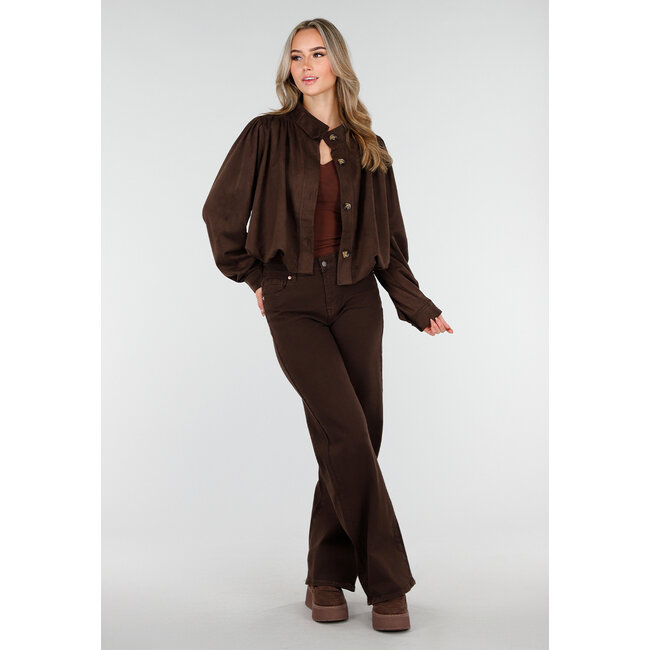 Dunkelbraune Jacke im Wildleder-Look mit Knopfverschluss und Puffärmeln