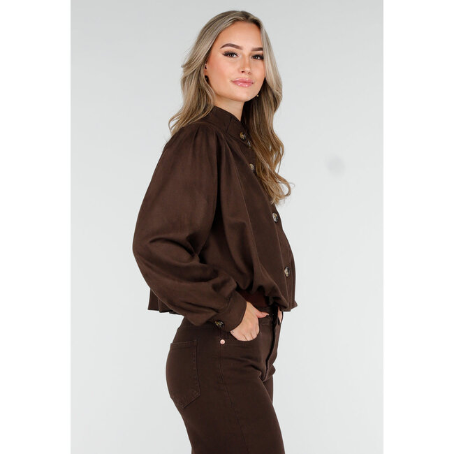 Dunkelbraune Jacke im Wildleder-Look mit Knopfverschluss und Puffärmeln