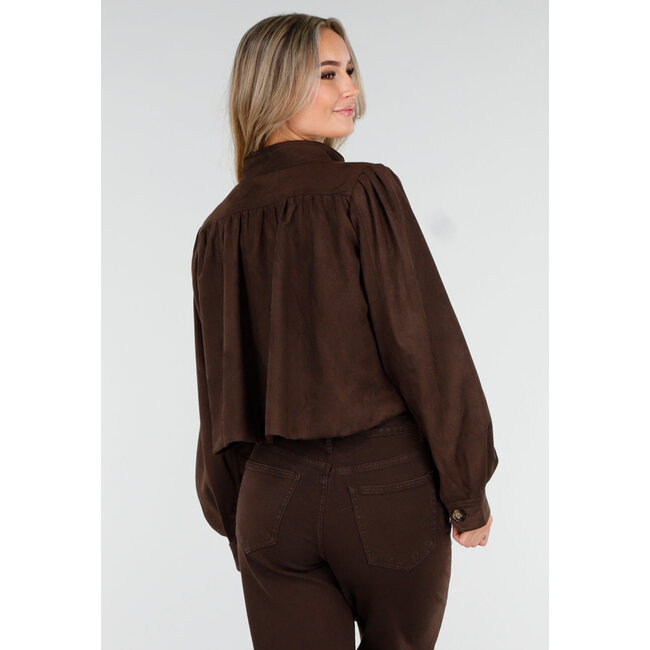 Dunkelbraune Jacke im Wildleder-Look mit Knopfverschluss und Puffärmeln