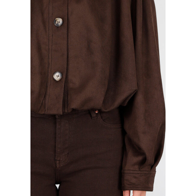 Dunkelbraune Jacke im Wildleder-Look mit Knopfverschluss und Puffärmeln