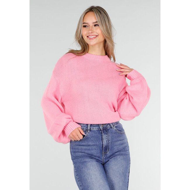 Pink Oversized Pullover mit Rundhalsausschnitt und grober Strickoptik