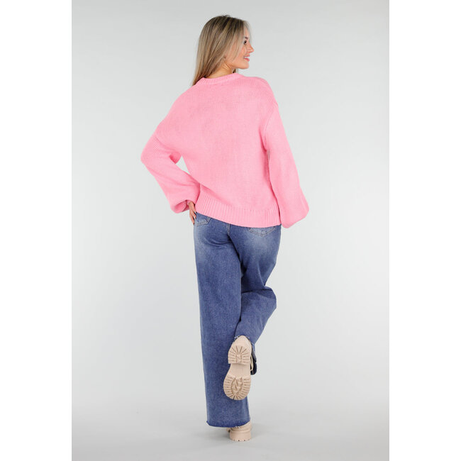 Pink Oversized Pullover mit Rundhalsausschnitt und grober Strickoptik