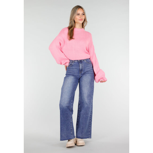 Pink Oversized Pullover mit Rundhalsausschnitt und grober Strickoptik