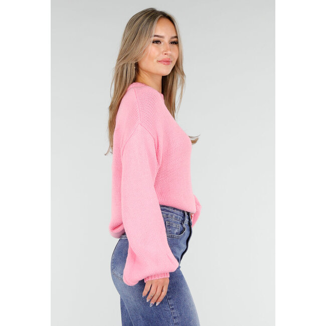 Pink Oversized Pullover mit Rundhalsausschnitt und grober Strickoptik