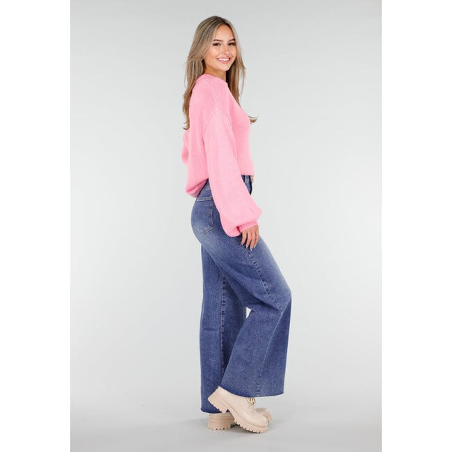 Pink Oversized Pullover mit Rundhalsausschnitt und grober Strickoptik