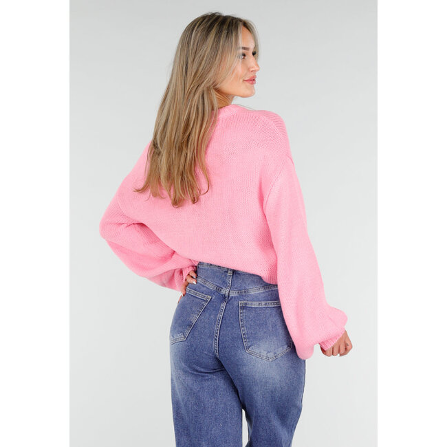 Pink Oversized Pullover mit Rundhalsausschnitt und grober Strickoptik