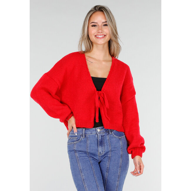 Rote Strickjacke mit Schleife vorne
