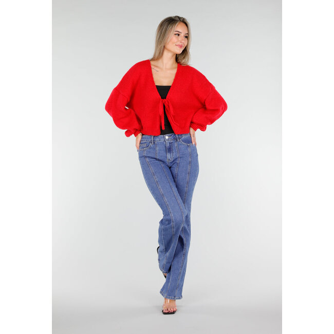 Rote Strickjacke mit Schleife vorne
