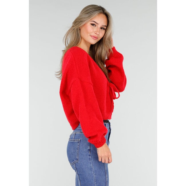 Rote Strickjacke mit Schleife vorne