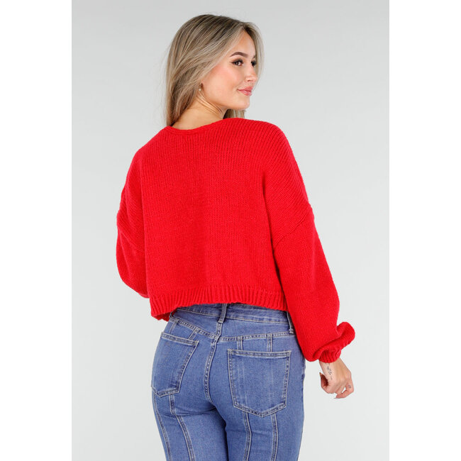 Rote Strickjacke mit Schleife vorne