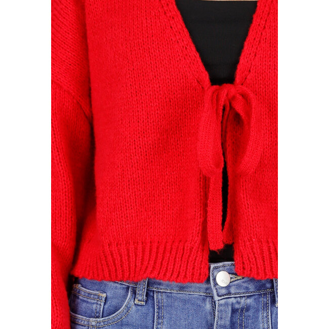 Rote Strickjacke mit Schleife vorne