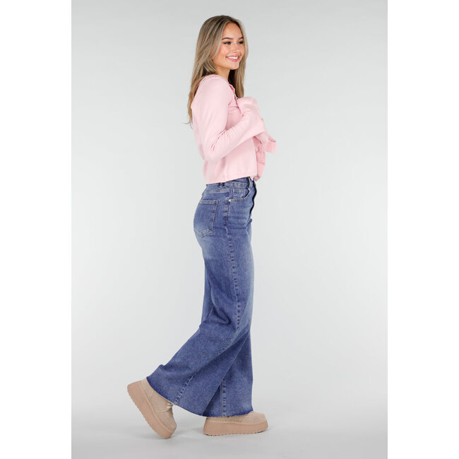 Blaue High Waist Wide Leg Stretch Jeans mit Waschung