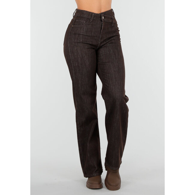 Braune Stretchjeans mit hoher Taille, geradem Bein und dezenter Waschung