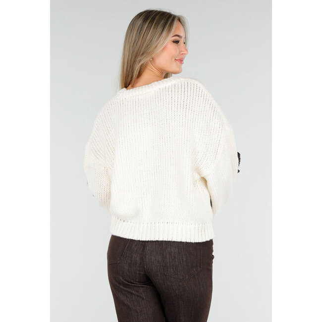 Strickjacke in Creme mit dunkelbraunen Schleifen